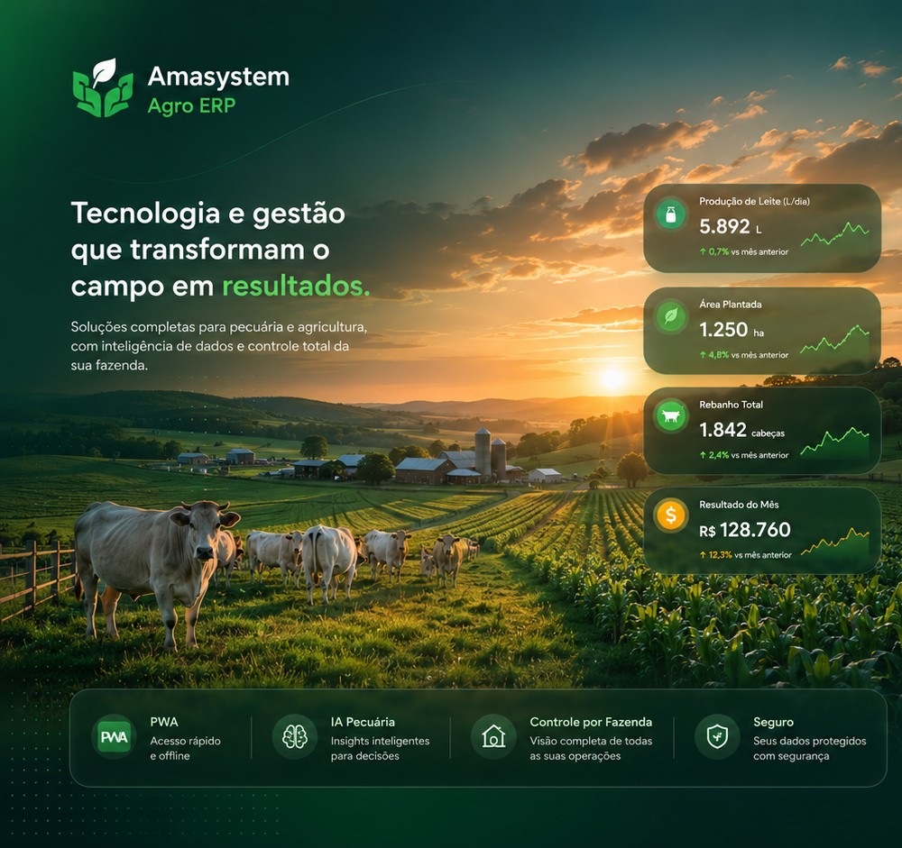 Fazenda com rebanho, lavoura e indicadores do Amasystem Agro ERP